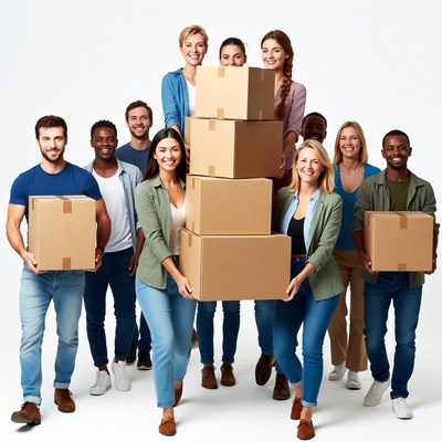 Diverse group holding cardboard boxes