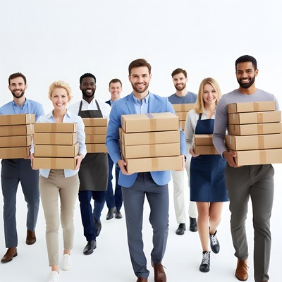 Diverse team carrying cardboard boxes