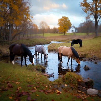 Horses Drinking from Autumn Stream