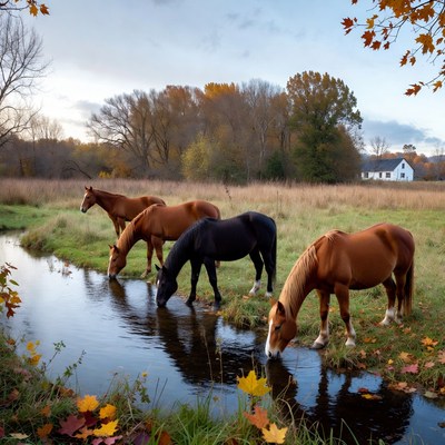 Horses Drinking from Autumn Stream