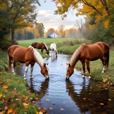 Horses Drinking from Autumn Stream