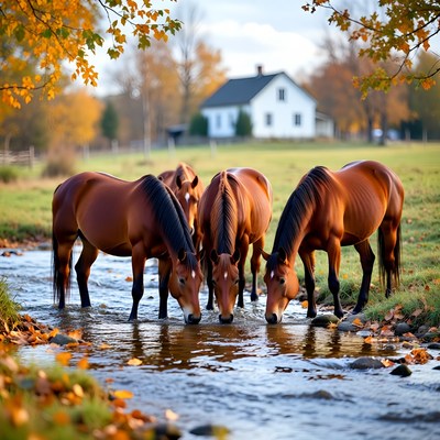 Four horses drinking from stream
