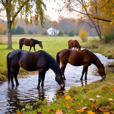 Horses drinking from autumn stream