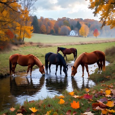 Horses drinking from stream in autumn field