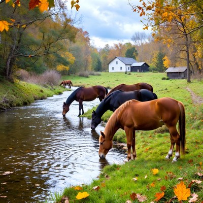 Horses drinking from stream in autumn forest