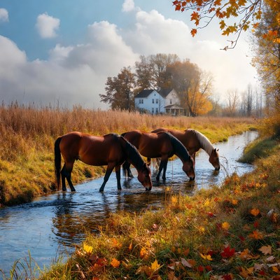 Horses drinking from stream in autumn field
