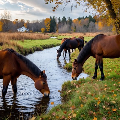 Horses drinking from stream