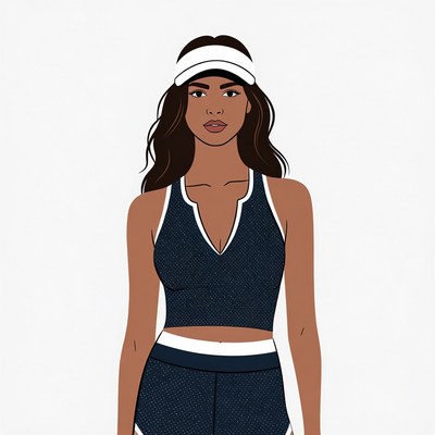 Woman in navy tennis outfit visor