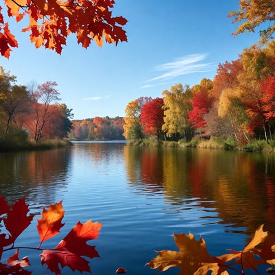Autumn Lake with Red Foliage