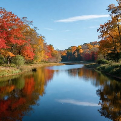 Autumn River with Colorful Tree Reflections