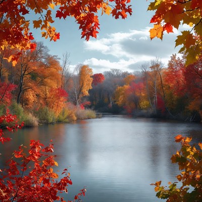 Autumn Forest Lake with Red Foliage