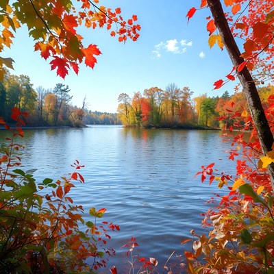 Autumn Lake Framed by Red Maple Leaves