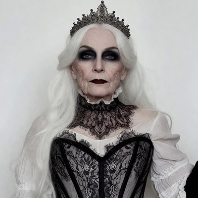Elderly woman in gothic crown and lace dress