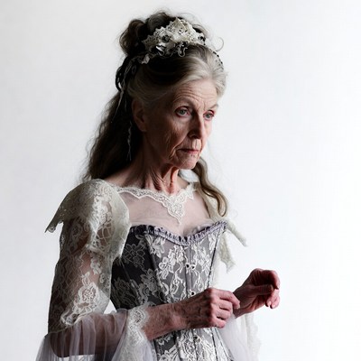 Elderly woman in lace Victorian gown