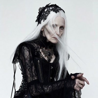 Elderly woman in gothic lace dress