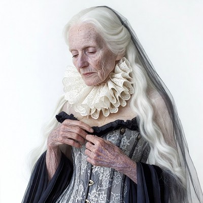 Elderly woman in lace corset and veil