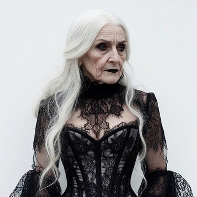 Elderly woman in black lace corset