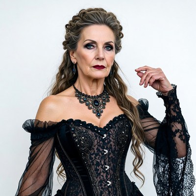 Mature woman in black lace corset gown
