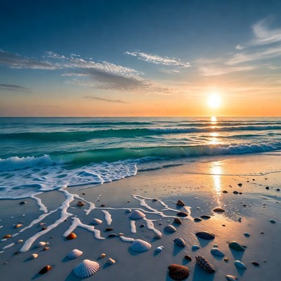Seashells on Beach at Sunset