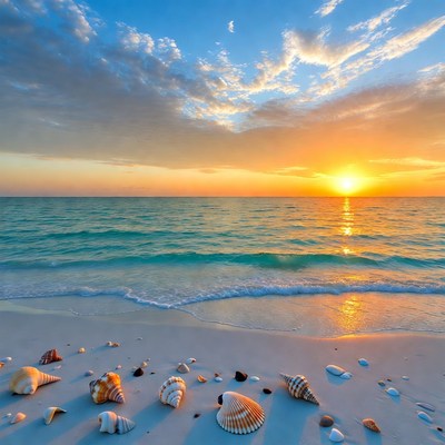 Seashells on Beach at Sunset