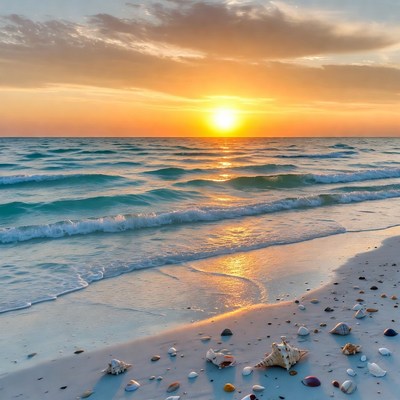Sunset over beach with seashells