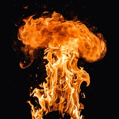 Fiery explosion flames on black