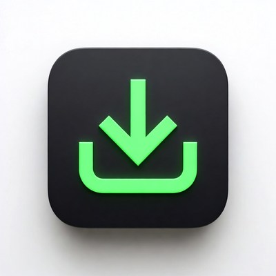 Green Download Icon on Black Square