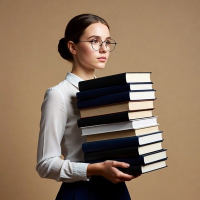 Woman holding stack of books