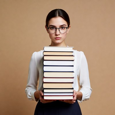 Woman holding stack of books