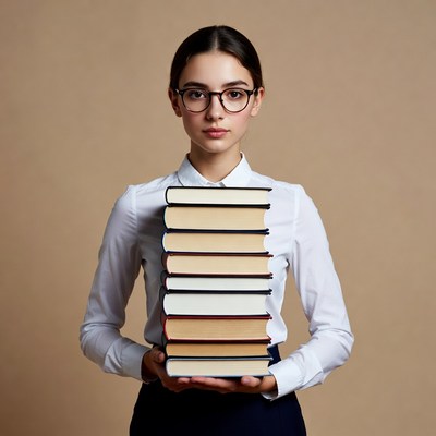 Young woman holding stack of books