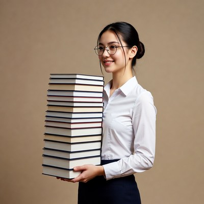 Asian woman holding stack of books