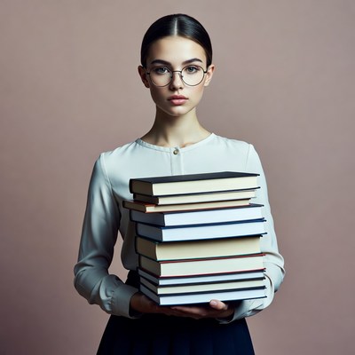 Young woman holding stack of books
