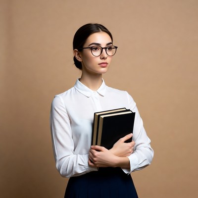 Woman holding books in white blouse