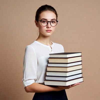 Young woman holding stack of books
