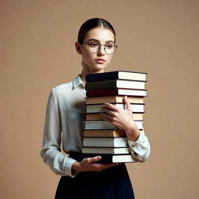 Girl holding stack of books
