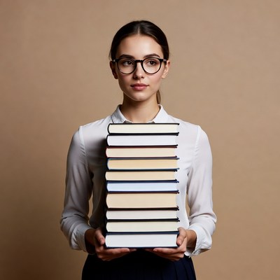 Woman holding stack of books
