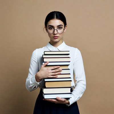 Young woman holding stack of books