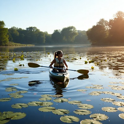 Woman kayaking through lily pads