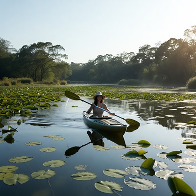 Woman kayaking through lily pads