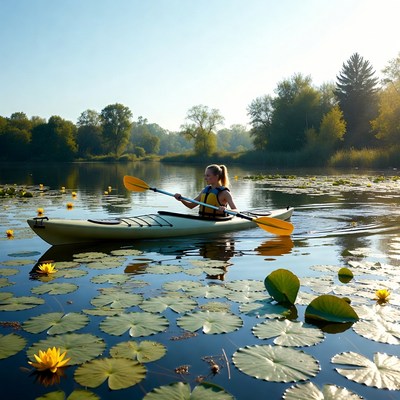 Woman kayaking through lily pads