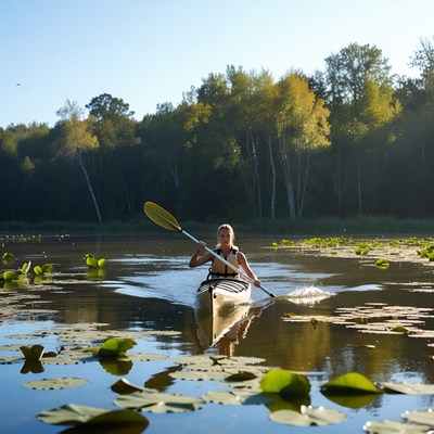 Woman kayaking through lily pads