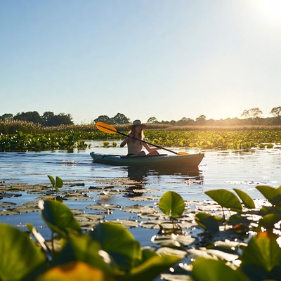 Woman kayaking through lily pads