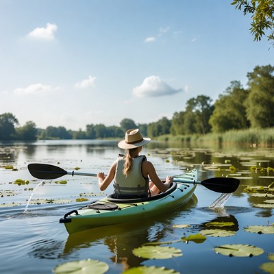 Woman kayaking on river with lily pads