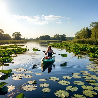 Woman kayaking through lily pads