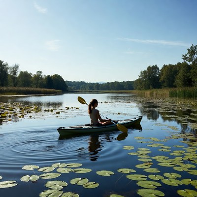 Woman kayaking through lily pads