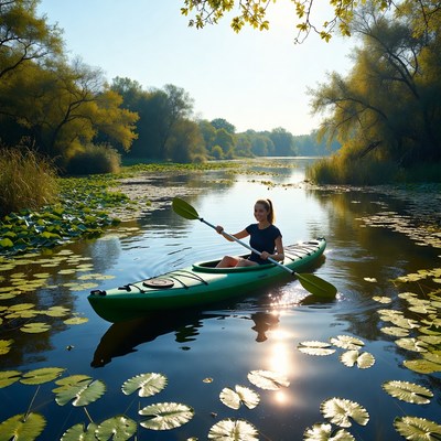 Woman kayaking through lily pads