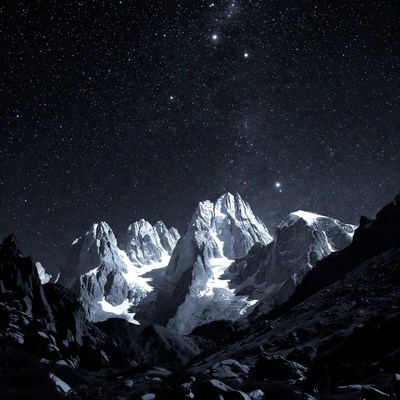 Snowy Mountains Under Starry Night Sky