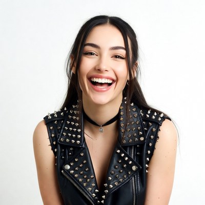 Woman laughing in studded leather vest