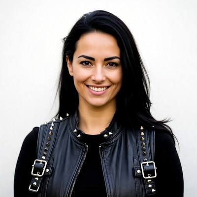 Smiling woman in studded leather vest