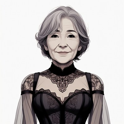 Elderly Asian woman in black lace dress